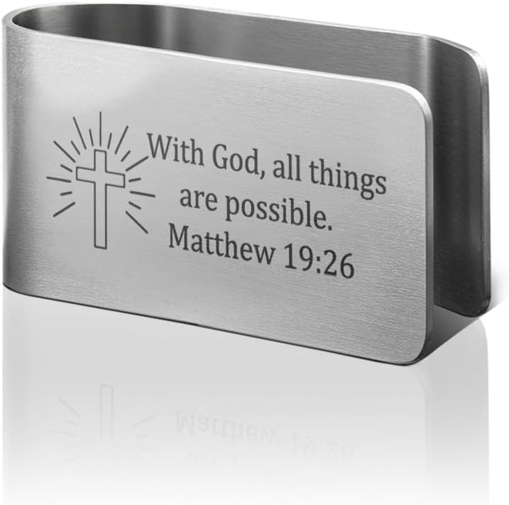 PUVOXHO with God All Things are Possible Engraved Stainless Steel Car Visor Clip, Travels Visor Car Accessories, Matthew 19:26, Driving Safety Prayer Religious Gifts for Family Friend - Image 1